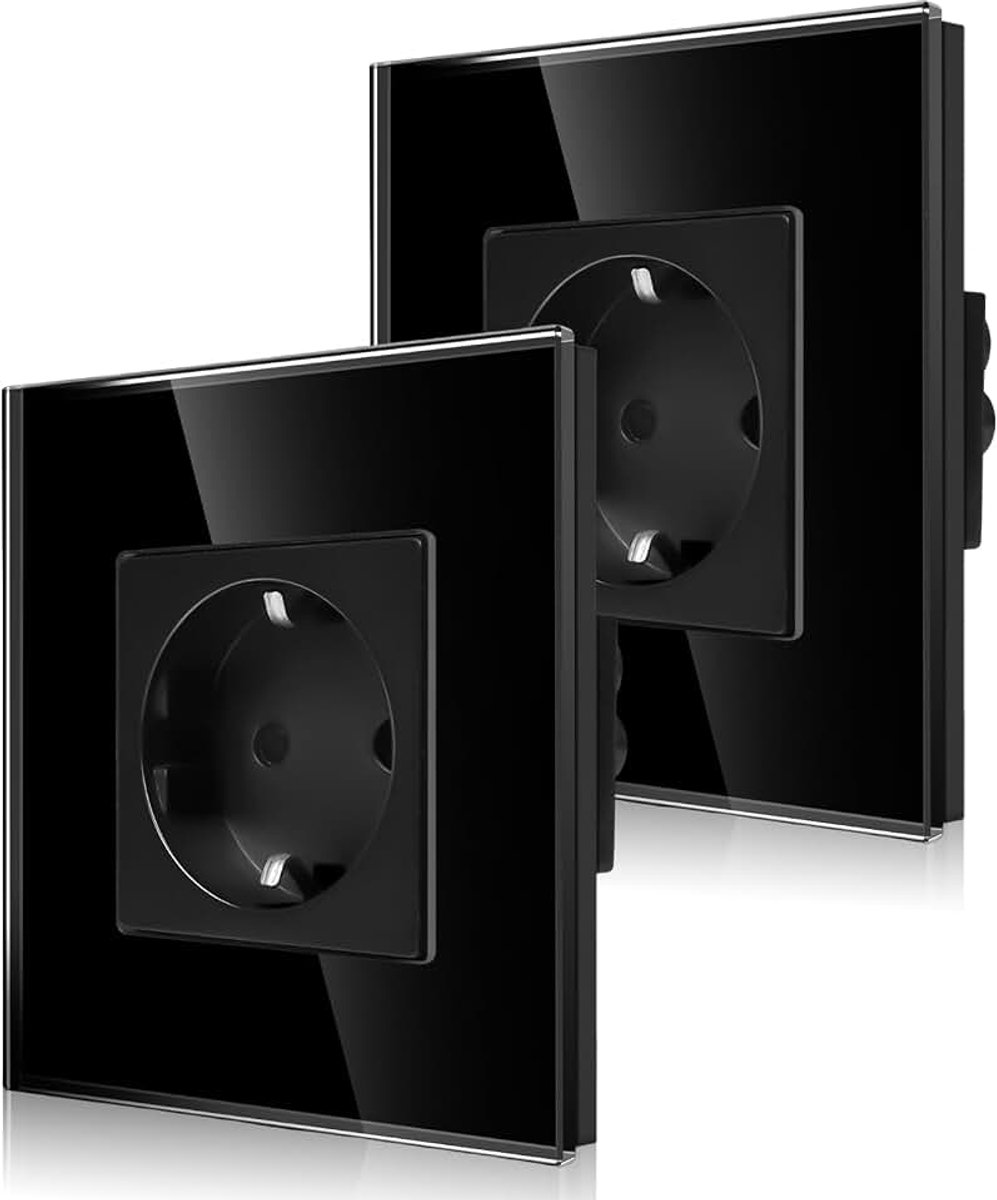 Stopcontact, enkelvoudig, van glas, inbouwmontage, Schuko stopcontact, met kinderbeveiliging, 16 ampère, geaard stopcontact, wandcontactdoos, zwart met glazen frame, set van 2 stuks