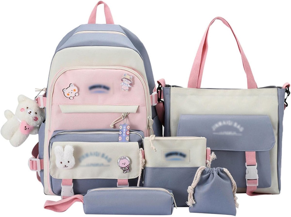 Schooltas - Kawaii Rugzakset - 5 Delig Combinatieset - met Lunchtas, Pennenzak en Handtas - met Accessoires en Konijnhanger - voor Tiener Meisjes - Blauw