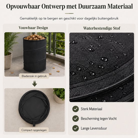 Opvouwbare Tuinafvalzak 16L - Opvouwbare Bladenzak - Zelfstaande Tuinzak - Voor Bladeren, Groenafval & Camping - Ø25 x 32 cm - Zwart — afbeelding 5