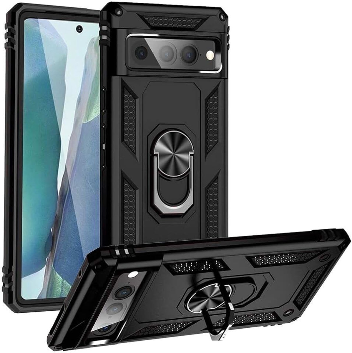 Hoesje Geschikt voor Google Pixel 7 Pro | Kickstand Back Cover met Standaard | Telefoonhoesje met Ring | Beschermhoes met Magneet voor Auto Houder Zwart
