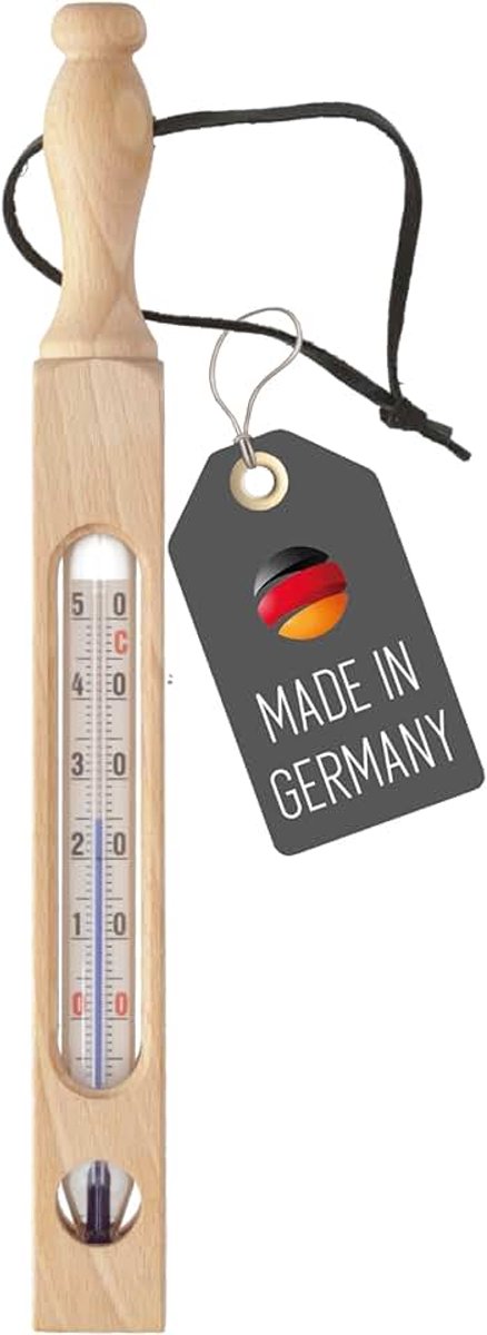 Houten badthermometer beuken met lederen lus temperatuurweergave tot 50 °C | analoge thermometer klassiek nostalgisch | badklem badwater badkuip