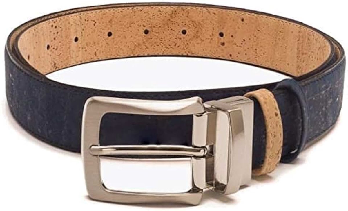 Omkeerbare riem van kurk, tweekleurig in beige en blauw, moderne natuurlijke riem met zilveren gesp, riem om te draaien van kurk, uniseks, verschillende maten, beige, 115 cm