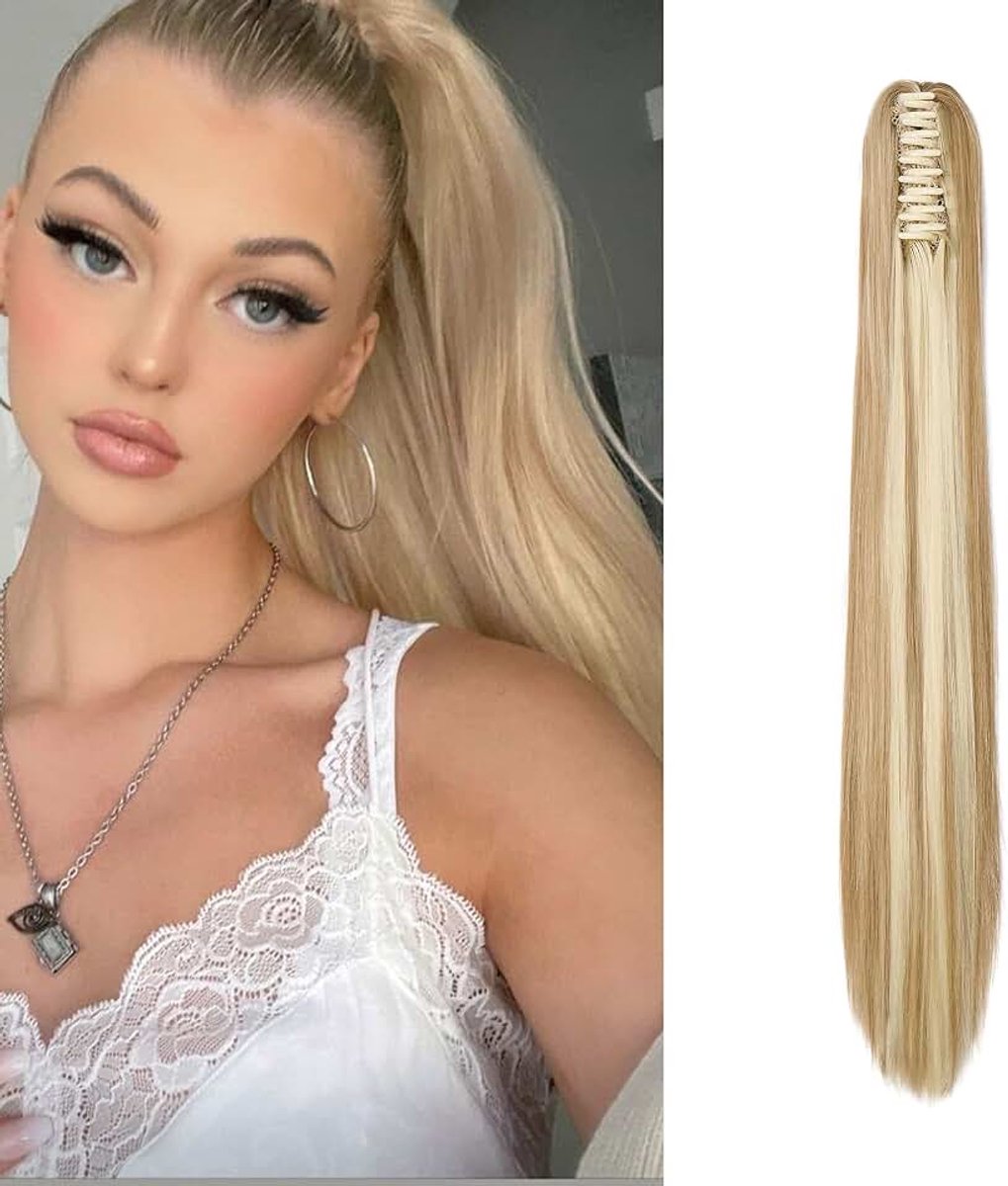 Klauw op Paardenstaart Haarstuk Vlecht Verlenging Rechte Lange Paardenstaart Extensies Haarverlenging Synthetische Ponytail, 55cm Zandkleurig blond/bleekblond