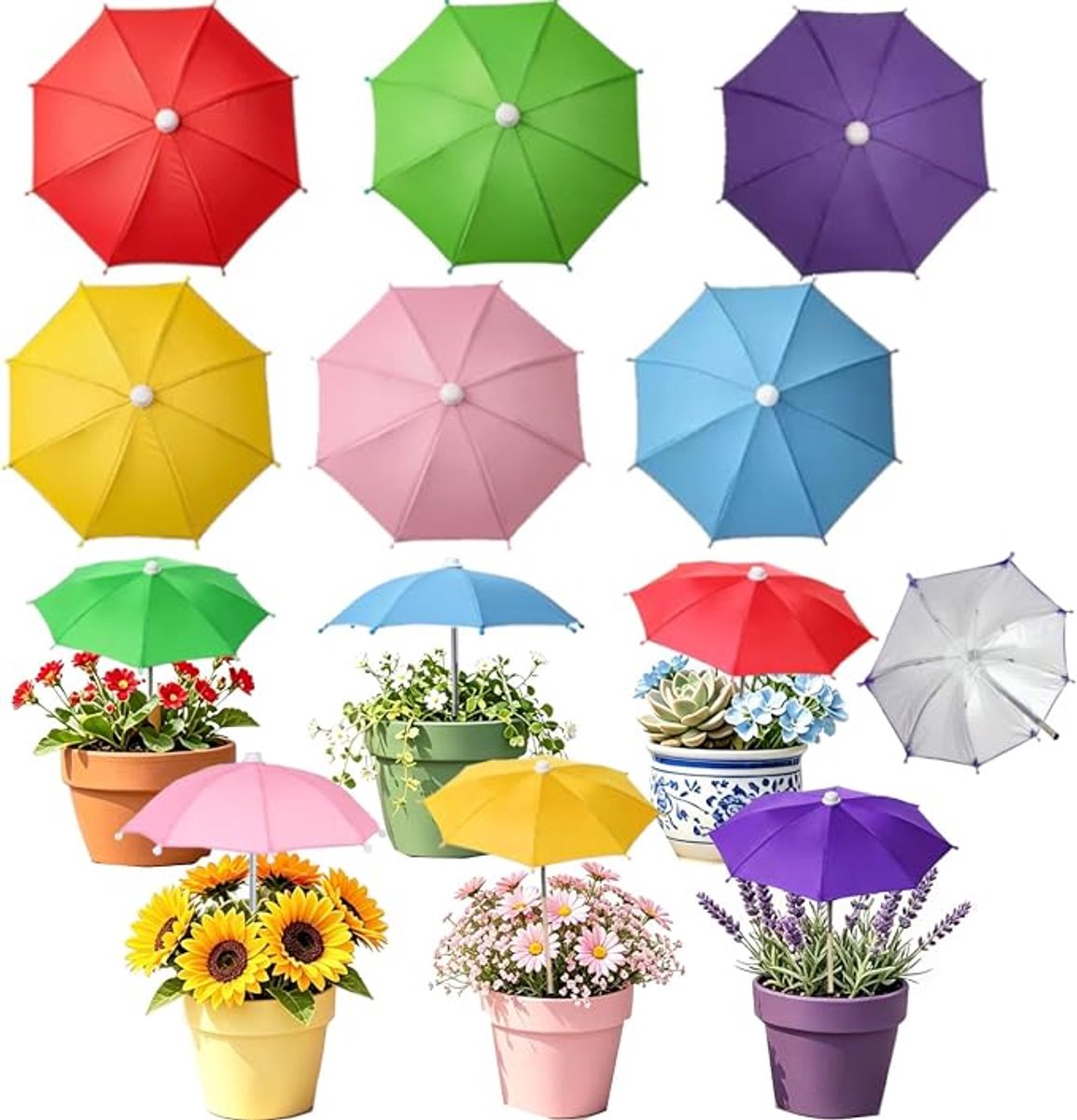 Mini-schaduwparasols voor buitenplanten – 6-delige set – Plantbeschermingsparasols van 27 cm – Beschermhoezen – Draagbare schaduwbescherming voor tuinbloemen, groenten en vetplanten