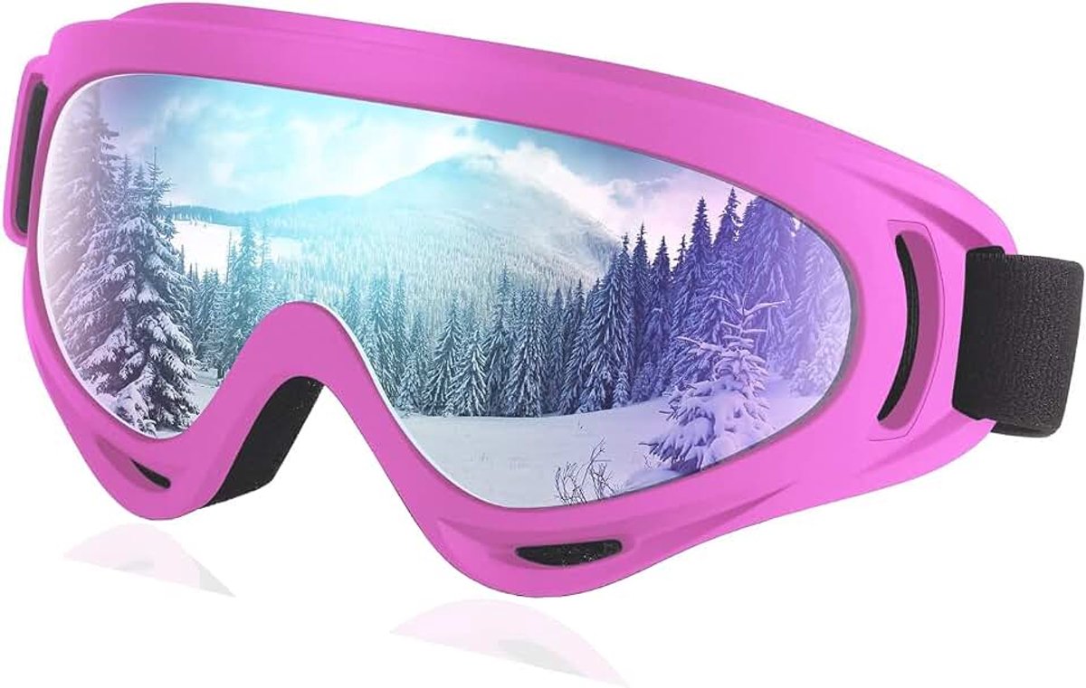 Skibril UV-bescherming, roze OTG snowboardbril, hoogwaardige TPU-motorbril met zacht dik schuim
