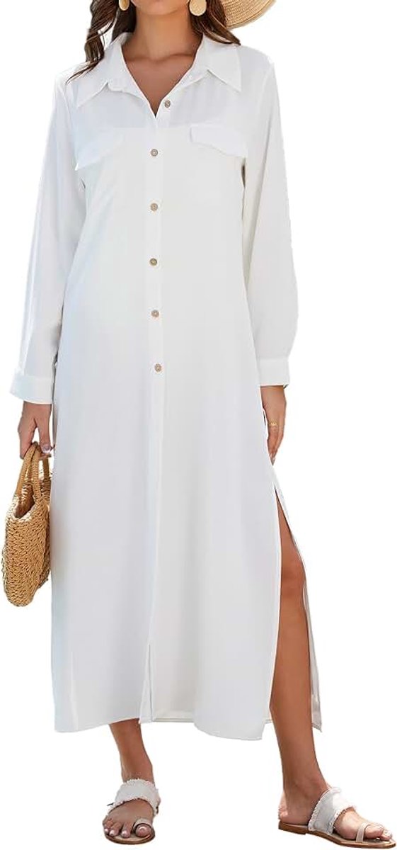 Strandjurk voor dames, badmode, cover-up met lange mouwen, knopen, strandjurk, beachwear, vakantie