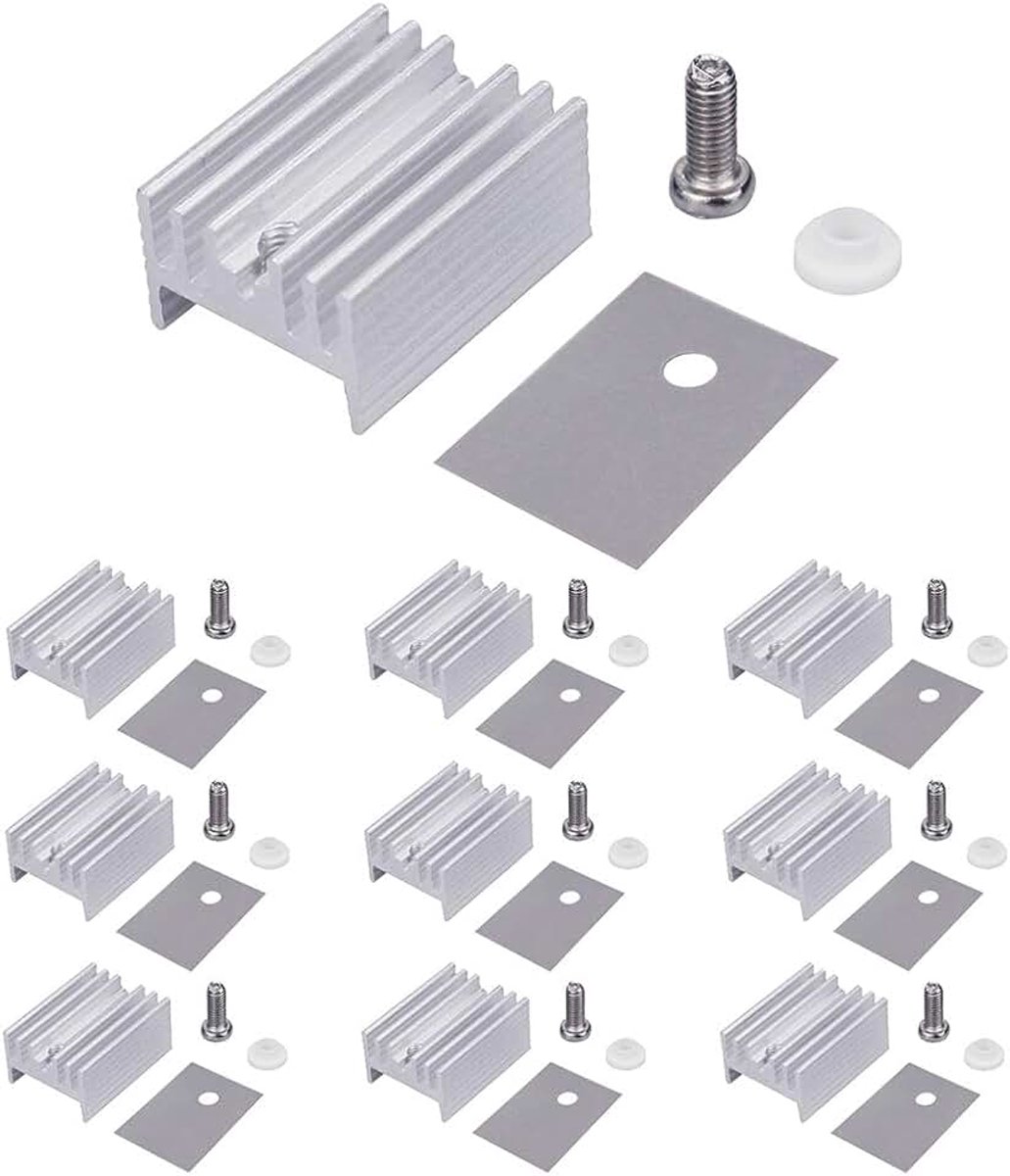 10Set Aluminium TO-220 Koellichaam Montage Kits, Koellichaam + Schroef + Sluitring + Isolatie Gegummeerd Silicone voor TO-220 MOSFET Transistor/LM78XX Spanningsregelaar (20mmx15mmx10mm).