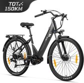 Zwarte Touroll Urbano 3 elektrische fiets met een zwart frame en een bagagedrager.