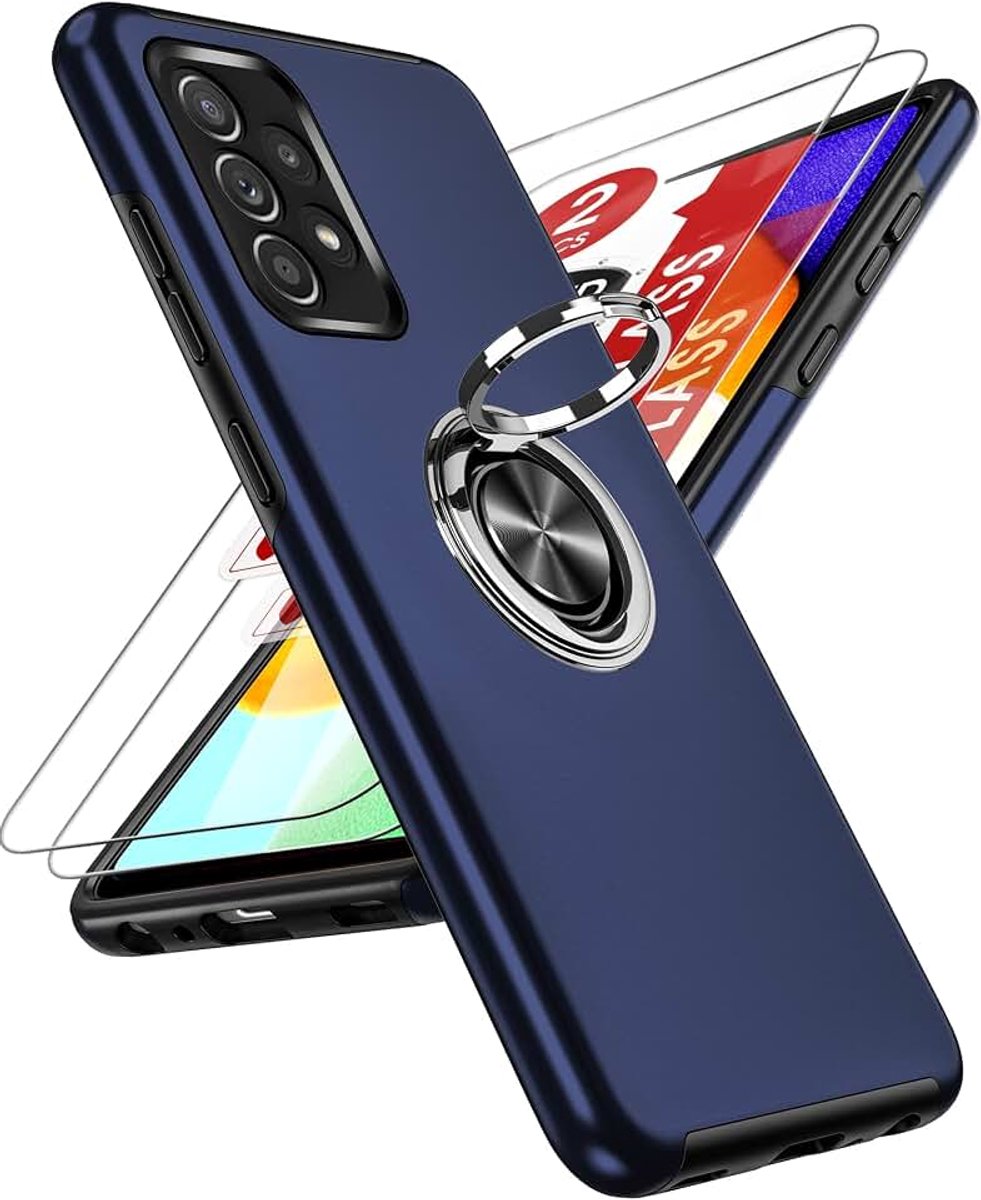 Hoesje voor de Samsung Galaxy A52s/A52 en 2 x schermbeschermer, robuuste bescherming, schokbestendige hoes met ingebouwde ringhouder, lichtgewicht siliconen hybride telefoonhoesje voor Galaxy