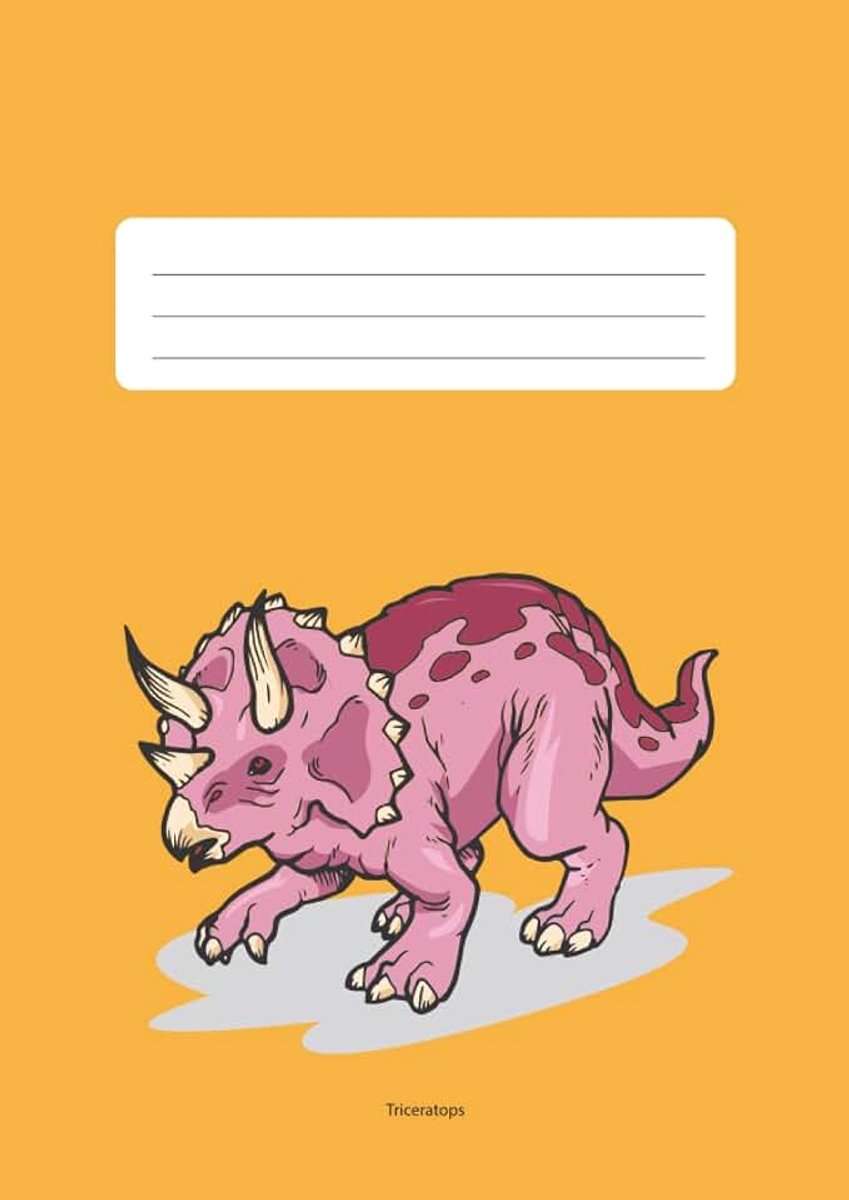 DIN A4 Lineatur 4G Triceratops Dinosaurier orange: Schreibheft liniert 10mm Zeilenabstand, linke Seite blank