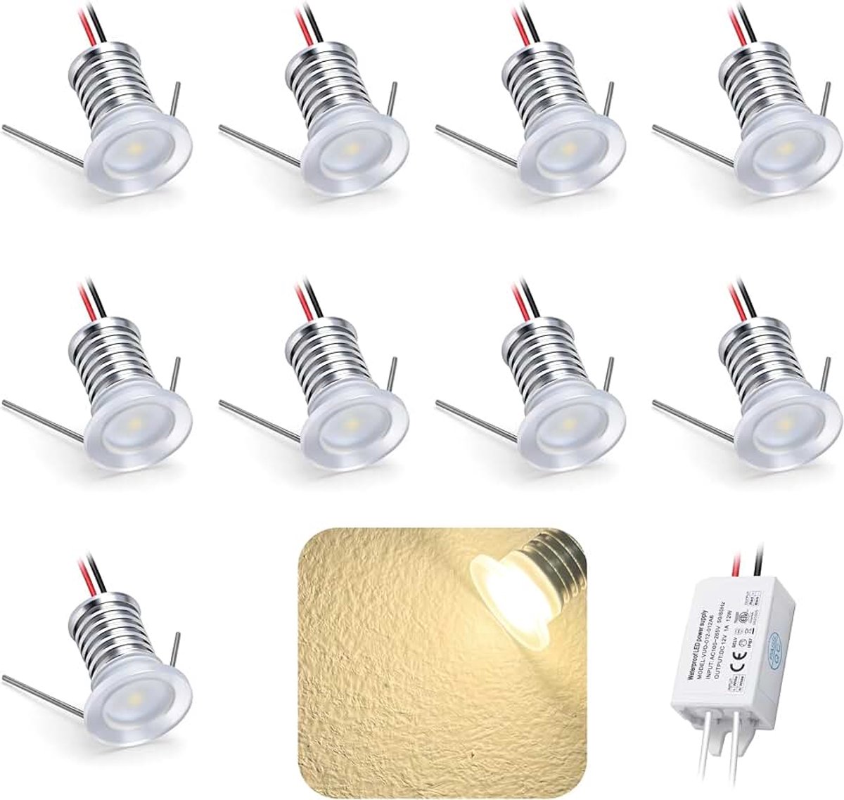 9 stuks 12V 1W Mini LED Inbouwspot, IP65 Waterbestendige Kleine Inbouw Schijnwerper RGB, 15mm Ronde Plintspot Kast Vitrine Wand Trap Keuken Badkamer (Warmwit)