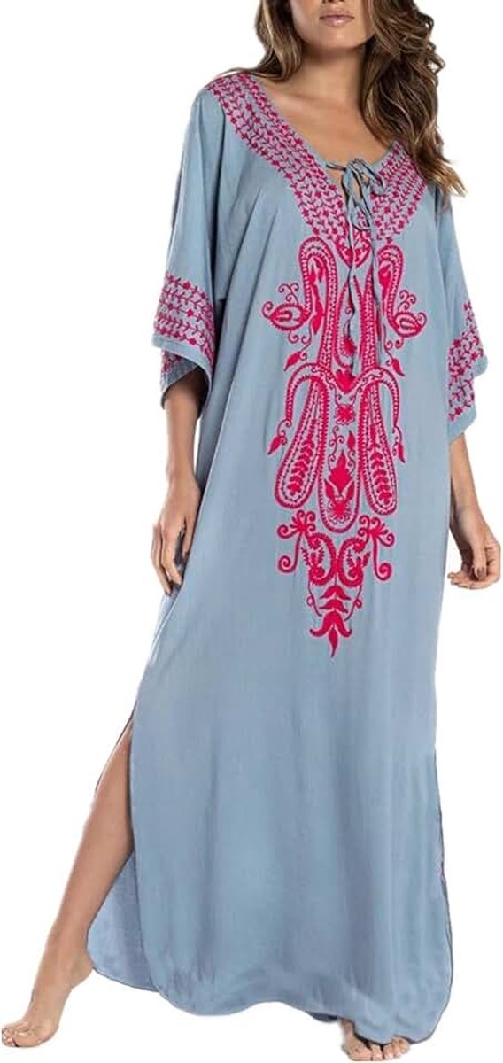 Katoen Geborduurd Bloemen Losse Caftan Boho Strand Bikini Cover-up Jurk Plus Size Gewaad voor Vrouwen