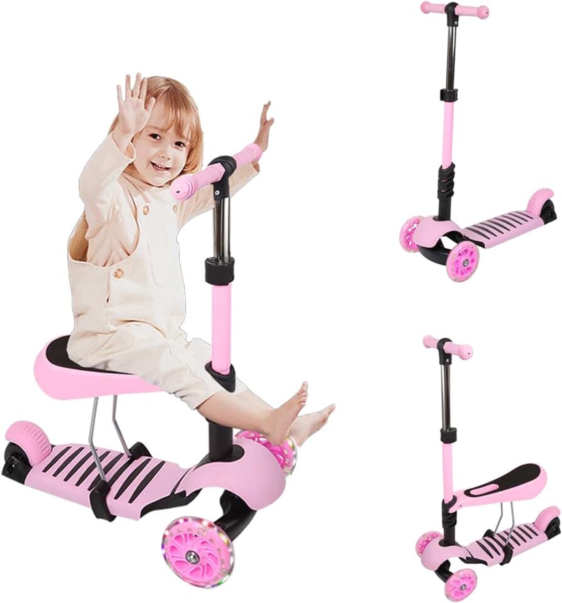 2-in-1 driewieler step met zitting voor 3-8 jaar, scooter, kinderstep met 3 lichtgevende wielen, opvouwbare kinderstep met verstelbare hoogte, maximale belasting 50 kg (roze)