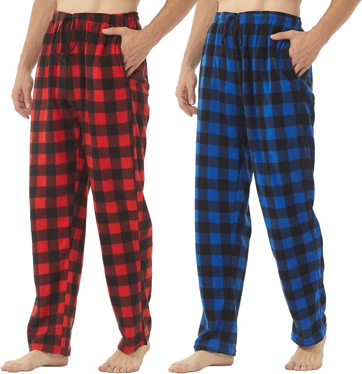 1-2-delige pyjamabroek voor heren, lang, fleece, geruit, pyjamabroek, winter, warm, nachtkleding, comfortabele vrijetijdsbroek, kerstpyjama met zakken en trekkoord