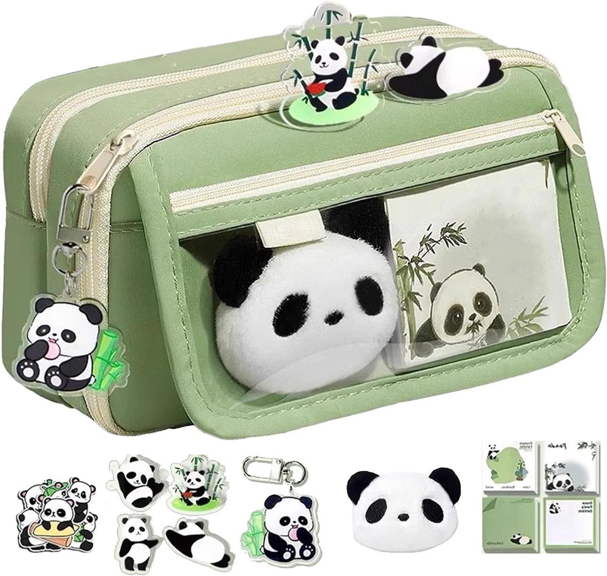 Panda Pennenetui - Etui met vakken - Bureau organiseren - Grappig panda-design - 22 x 7.5 x 13 cm - Groen