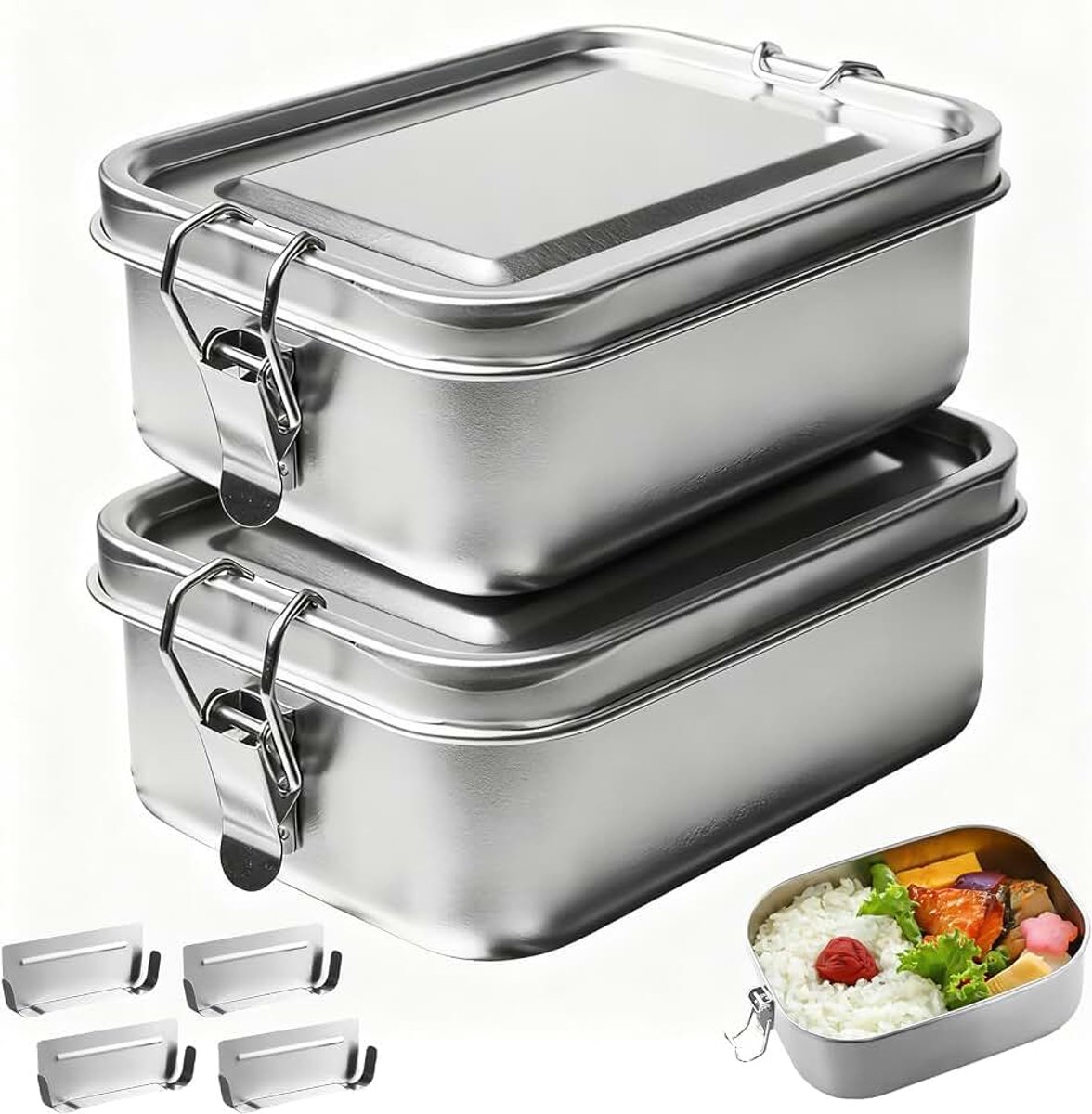 Broodtrommel van roestvrij staal, 850 ml, broodtrommel met vakken, lunchbox lekvrij met afdichtring, lunchbox van roestvrij staal met 4 afneembare scheidingswand, stalen bentoboxen voor