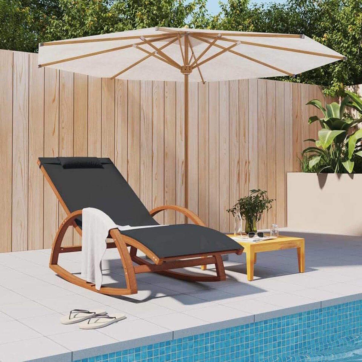 Schommelstoel van textiel en massief hout populier voor tuin en terras, outdoor schommelstoel met ergonomisch design en ademend weefsel, schommelstoel