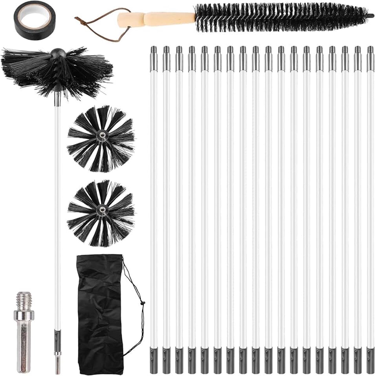 24 stuks haardborstelstang set met 18 flexibele stangen 410 mm + 2 borstelkoppen 150 mm + 1 lange houten borstel + accessoires, haardpijp reinigingsborstelkit voor haard/droger vent/rioolbuis