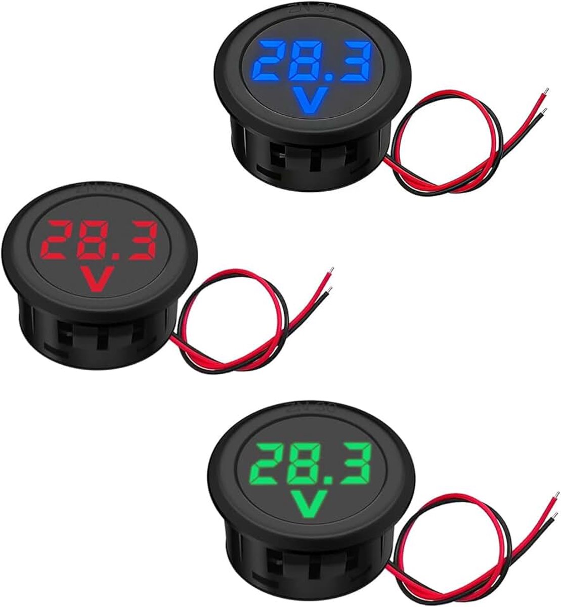 DC 4-100 V digitale voltmeter, set van 3 – spanningsindicator 12 V met led-display (rood, blauw, groen, elk 1 stuk) – batterijbewaker 12 V, batterij-indicator & voltmeter 12 V voor auto