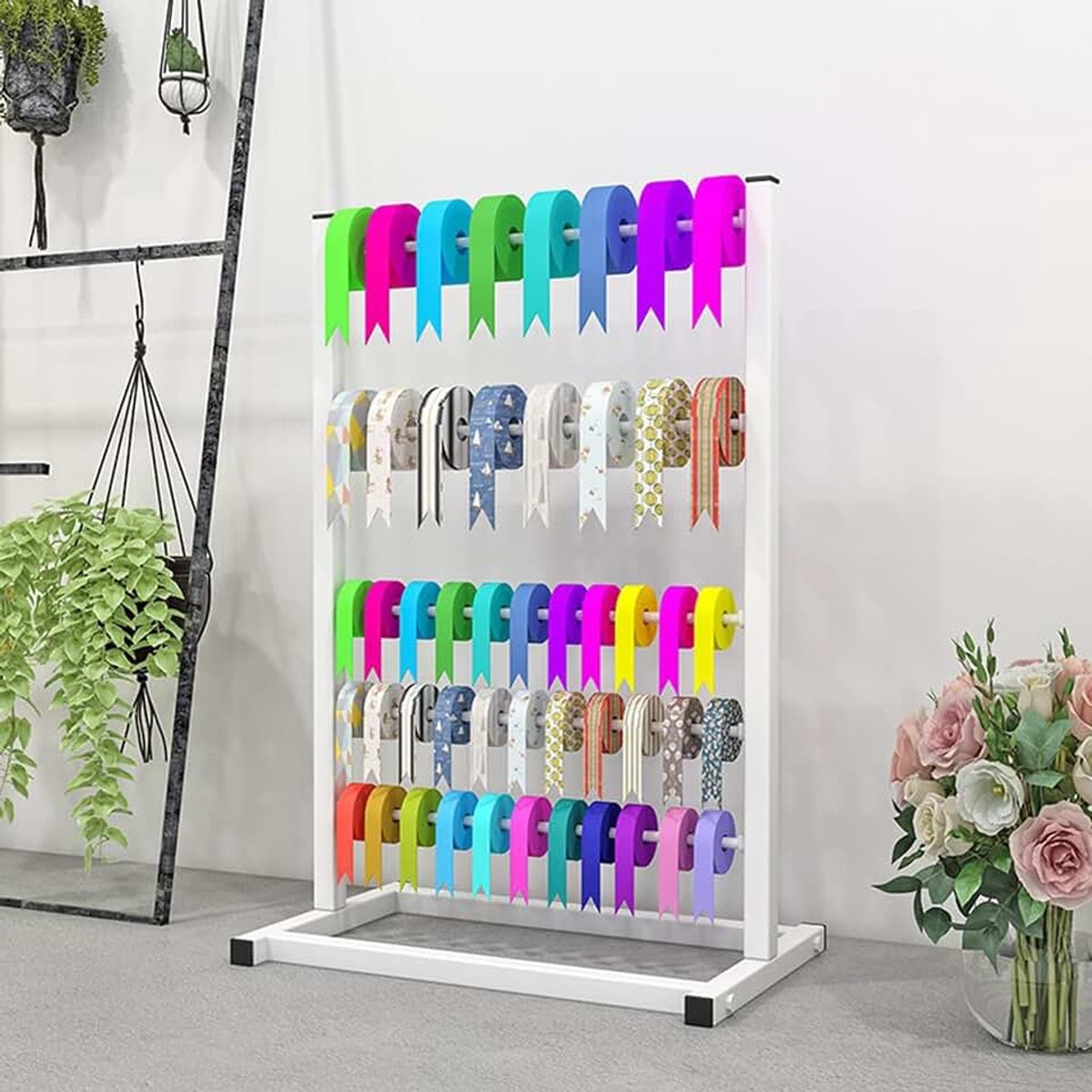 Bandhouder, geschenkverpakking, knutselband, opbergrek, bandstandaard, organizer, lintentoonstellingsrek, opbergrek, vinylrolhouder voor knutselruimte, wit