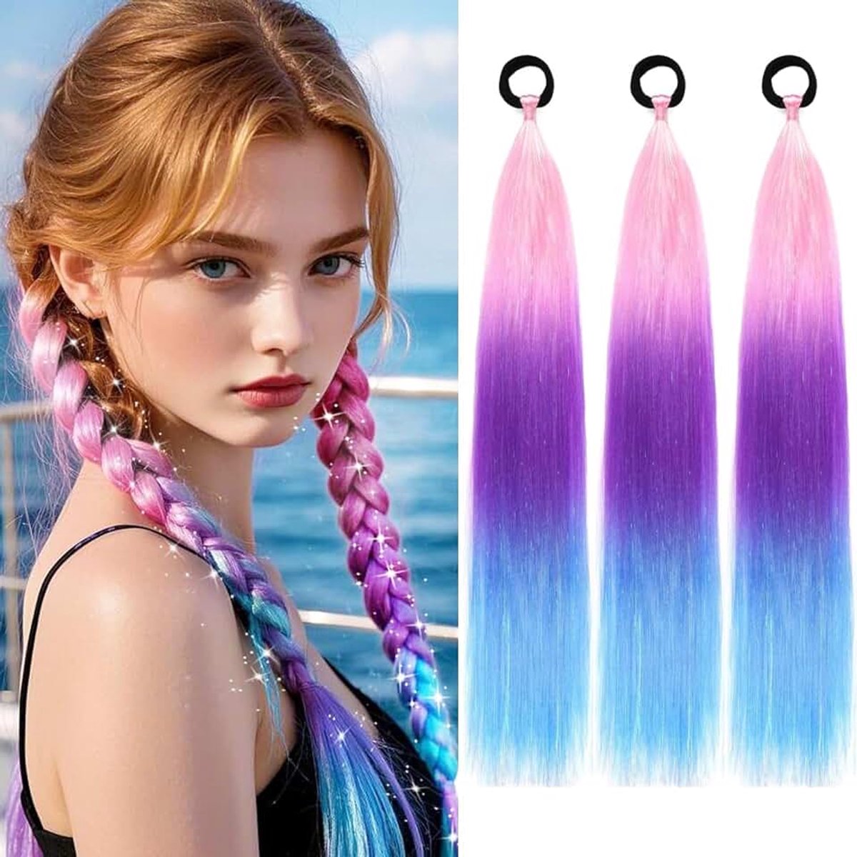 3 stuks ombré haarverlenging, 60 cm lang, gladde paardenstaart, haarstukje, synthetische haarverlenging, vlecht, haarextensie, gemengd haarlametta voor dames en meisjes, roze/paars/blauw