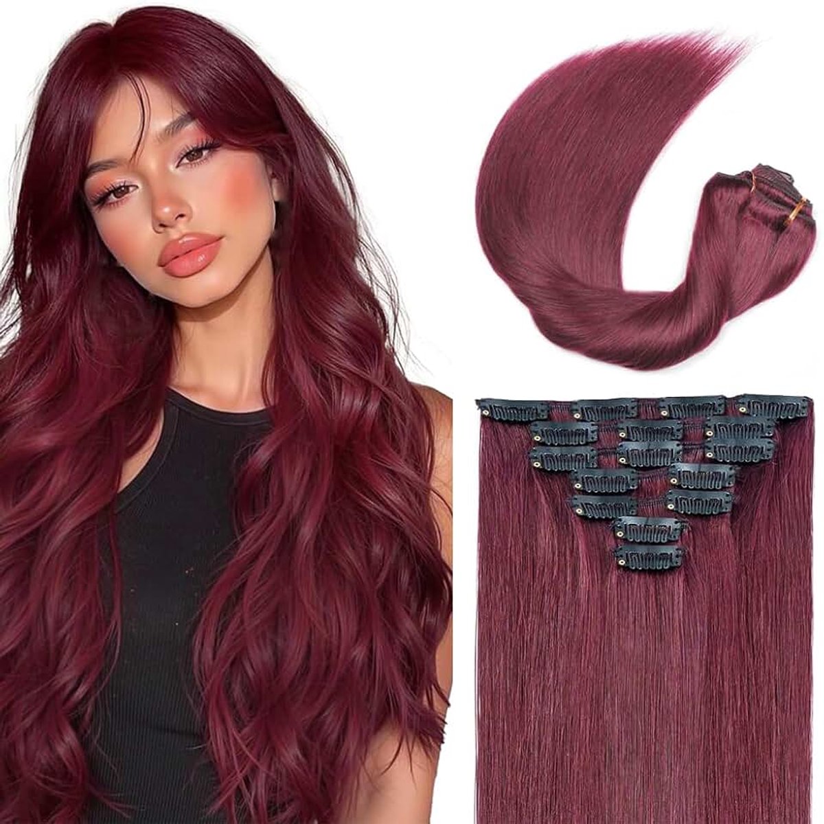 Clip in Extensions Human Hair Silky Straight Human Hair Extensions Clip in Invisible Hairpin #99J Burgundy Color 7pz 35 cm 120g Unprocessed Remy Hair for Women 14 Inch