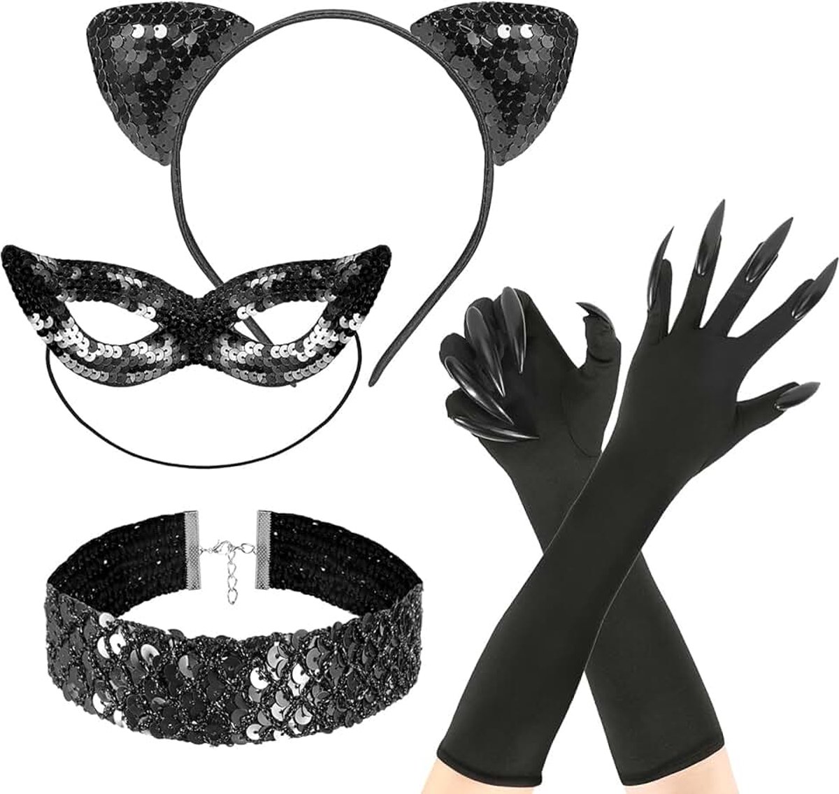 4 stuks kattenkostuum dames, kattenoren haarband maskers halsketting kattenklauw handschoenen dierkostuum accessoires Halloween carnaval cosplay party