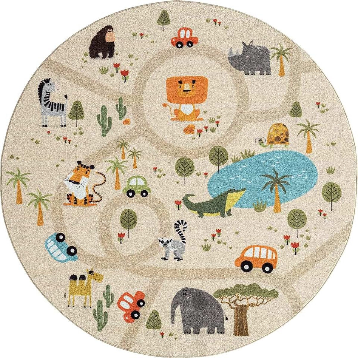 The carpet Happy Life - Kinderkamer, kindertapijt, speeltapijt, wasbaar, wegtapijt, wegen, jungle, dieren, auto, Beige, 160 cm Rond