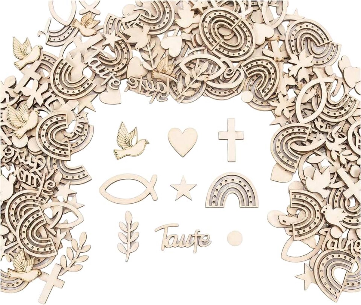 Pack of 180 Wooden Christening Confetti - Wooden Table Decoration with Heart and Rainbow - Natural Confetti Decoration for Christening, Communion & Confirmation - Ideal for Crafts & Party