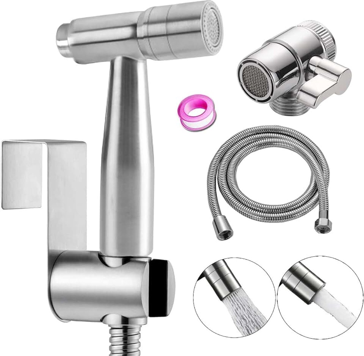 Bidet roestvrijstalen handdouche, handbediende bidet-toiletsproeier met dual-modus (jet/stream), met kraandispenser, slang- en haaktoilet of wandhouder, bidet-wc-opzetstuk van roestvrij staal