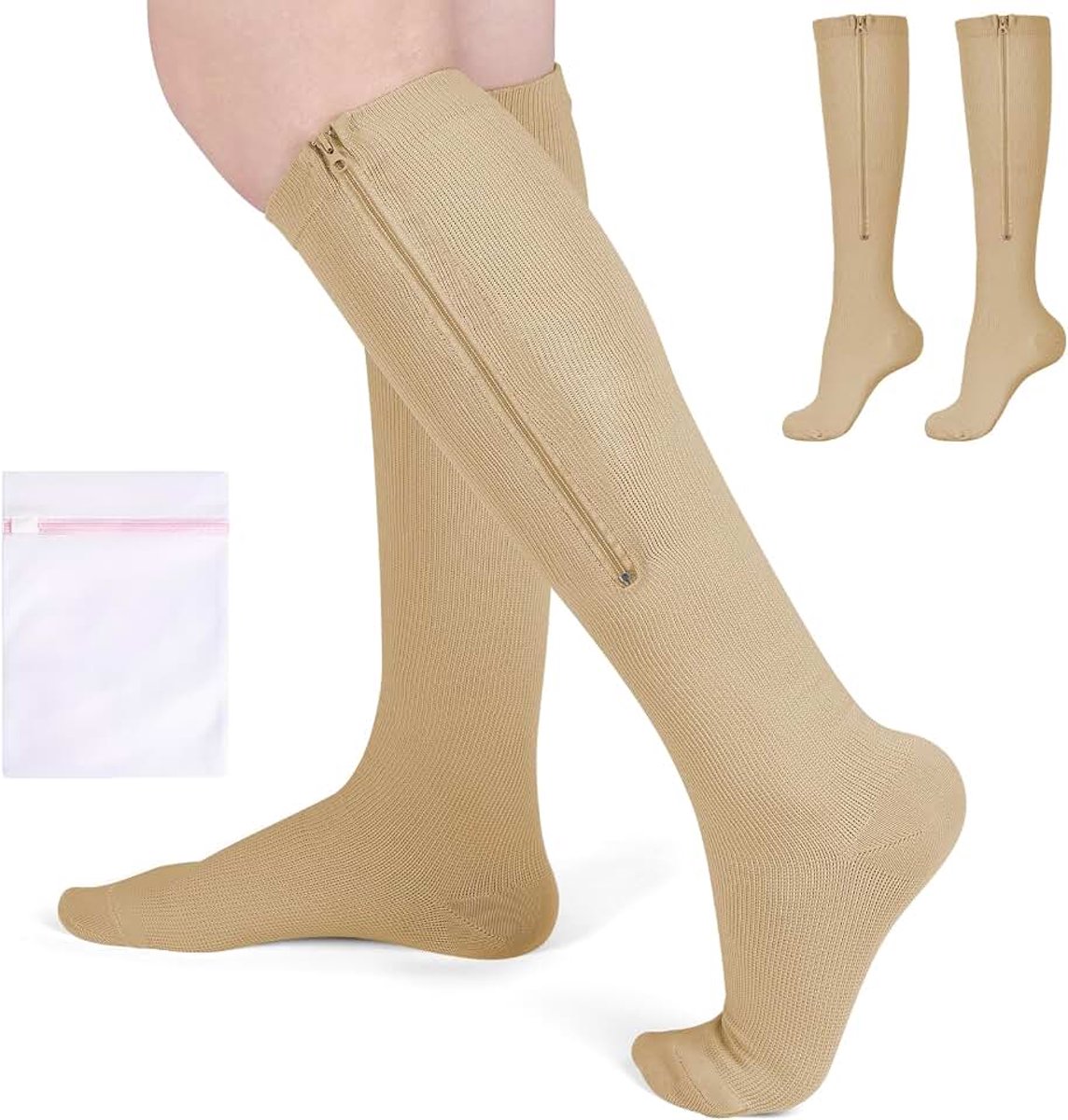 2 paar 15-20 mmhg compressiekousen met rits, medische ondersteuning, graduele compressiekousen, heren en dames, voor reizen, gezwollen benen, hardlopen, vluchten, S/M