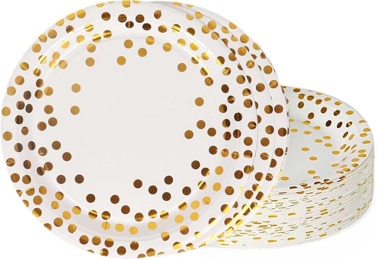 Witgouden Verjaardagsdecoraties Papieren Platen, 9 inch Wegwerp Papieren Feestborden Servies Levert voor Kinderen Vrouwen Mannen Verjaardagsfeest, Bruiloft, Picknicks, Verjaardag Decoraties,
