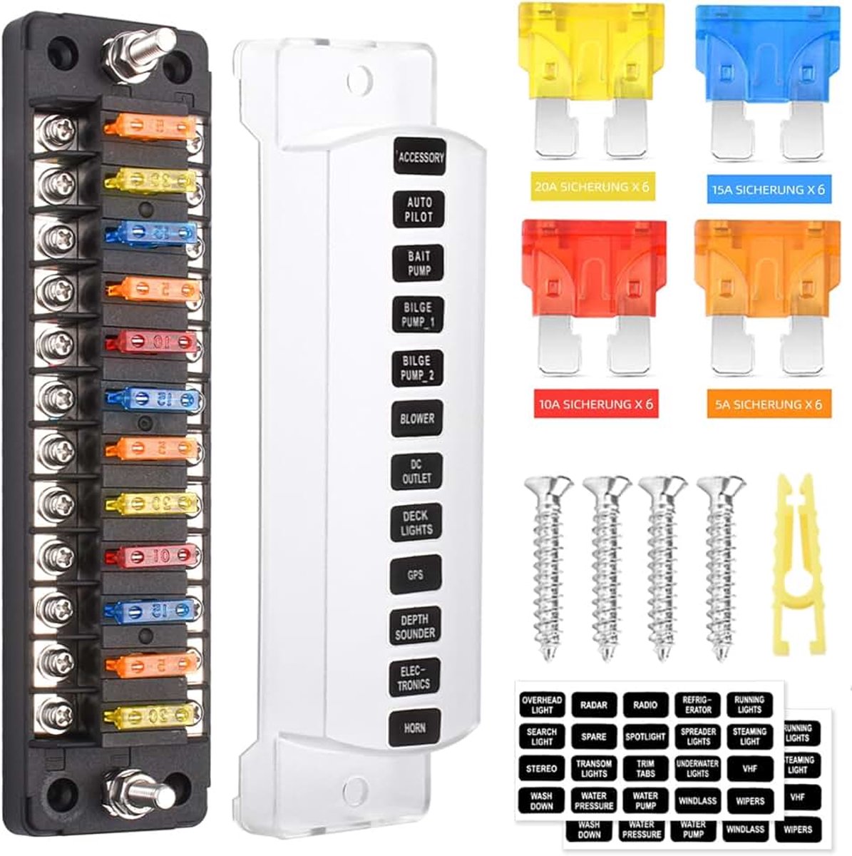 12-voudige Zekeringhouder, 12 Volt Zekeringblok ATC/ATO Auto Zekeringskast 24 Zekeringen Platte Zekeringen zonder LED-display Positief Negatief voor DC 12V/24V Auto Vrachtwagen Boot VAN SUV Maritiem