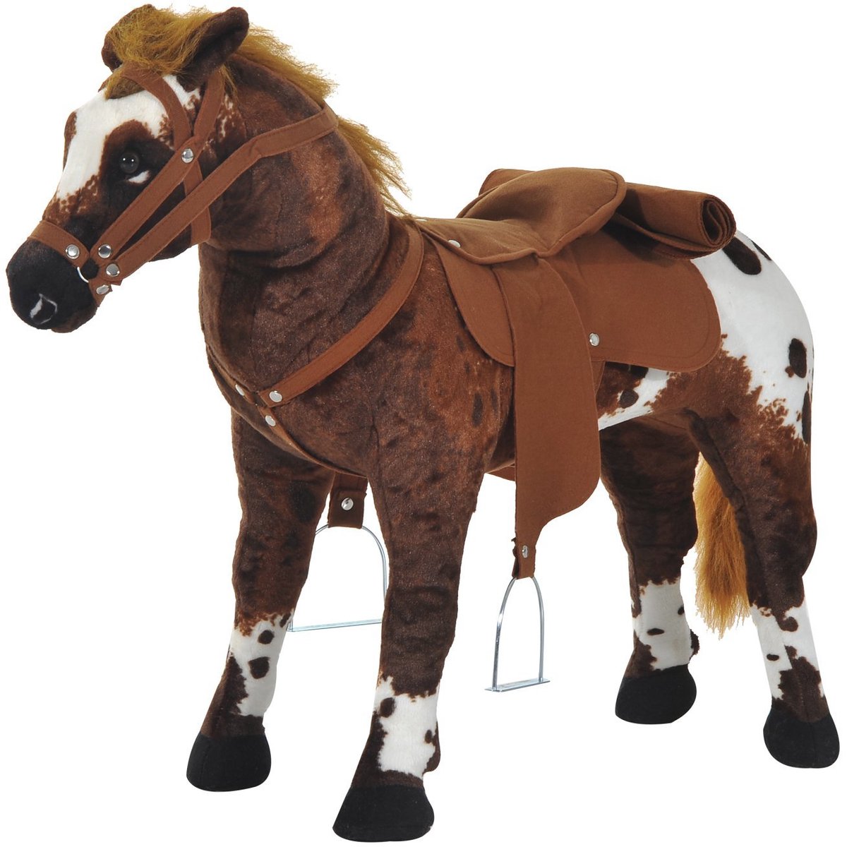 Plush staande schudder paard - 85L x 28l x 60H - met het gezuis van paarden en het geluid van rennen - Het zadel-het paardenroet-de leugels - bruin wit