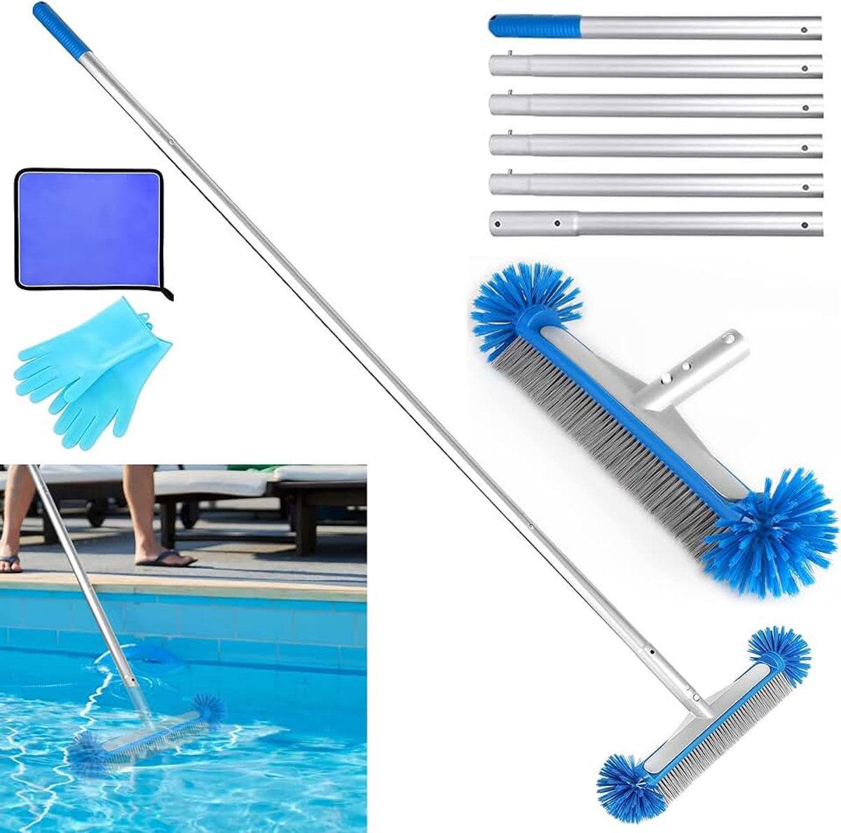 Zwembadborstel met 210cm aluminium demontagestang handschoenen | reinigingsdoek 43 cm zwembadbezem met halfronde borstelharen, tuinzwembad, reinigingsborstel voor zwembadreiniging, EZ-clip