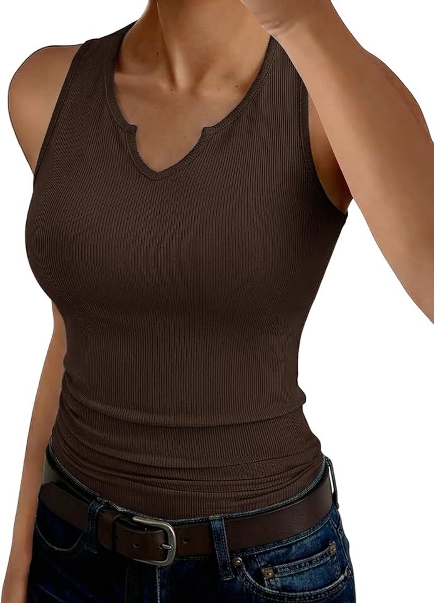 Tanktop voor dames, V-hals, bovenstuk, zomer, slimfit, tanktop, geribbeld, sexy tops, stretch, basic shirt, mouwloos, casual, effen