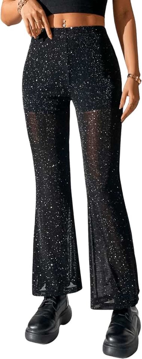 Mesh damesbroek, doorzichtige slagbroek met hoge taille, glitterbroek, lange feestbroek, glitterbroek