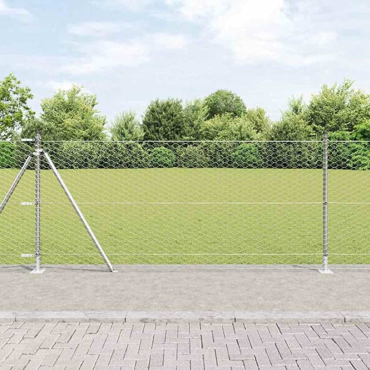 3353832 Zeshoekige omheining 0,8 x 50 m, hekpalen met bodemplaten 13 stuks Ø 32 mm 90 cm van verzinkt staal, stabiele stalen palen voor tuinhekken, landbouw, wilgennetten, kippendraad