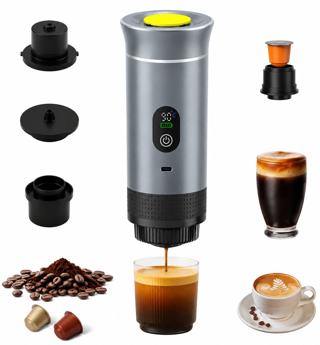 Draagbaar Koffiezetapparaat - 3-in-1 espressomachine – Met led-display – 20 bar druk en indicatoren voor temperatuur en batterijniveau in realtime – Geschikt voor gemalen koffie en capsules – Ideaal voor op reis, op kantoor en in de camper – Zilver