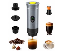 Draagbaar Koffiezetapparaat - 3-in-1 espressomachine – Met led-display – 20 bar druk en indicatoren voor temperatuur en batterijniveau in realtime – Geschikt voor gemalen koffie en capsules – Ideaal voor op reis, op kantoor en in de camper – Zilver
