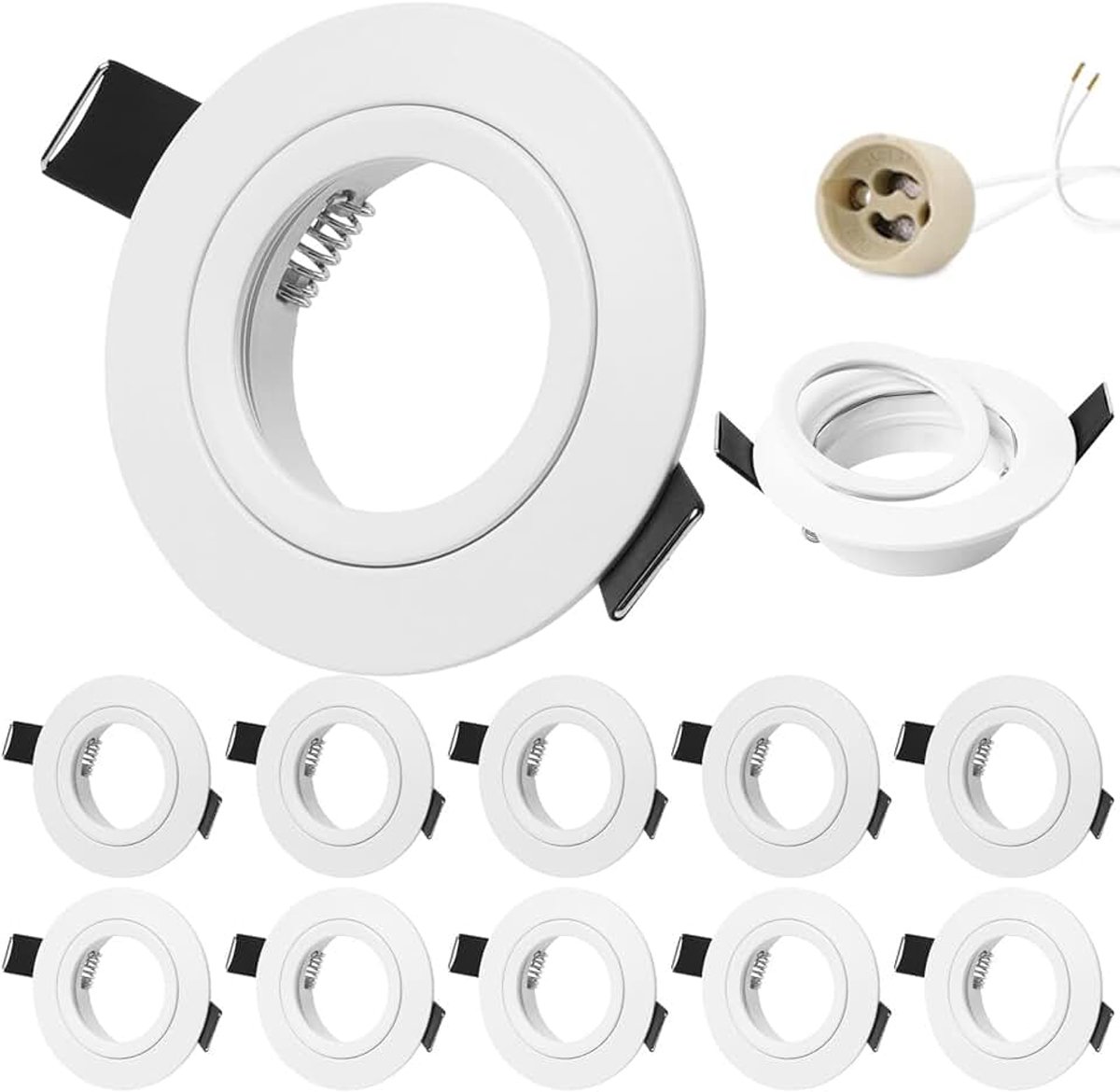 Led-inbouwspot, 230 V, frame met GU10-fitting, plafondspots van aluminium, wit, rond, plat, spots, badkamer, inbouwframe, 68 mm, voor GU1O/MR16, 10 stuks