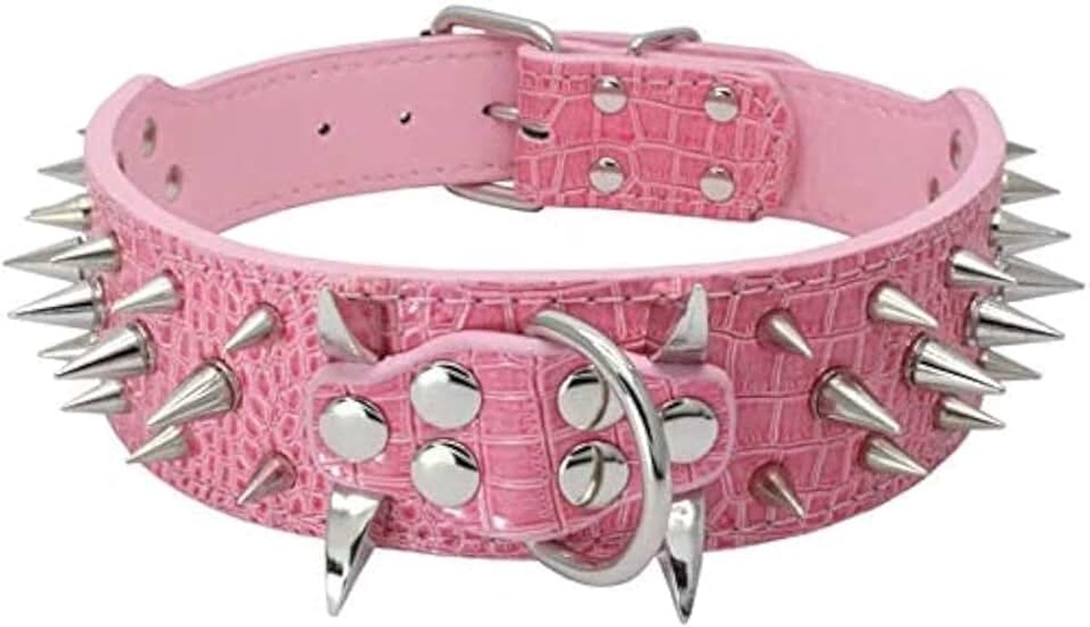 Hondenhalsband Scherpe Spiked Studded Luxueuze Gevoerde Lederen Halsbanden voor Middelgrote Grote Honden - 5 cm Breedte Halsband Anti-Bijten (S, Roze-SV)