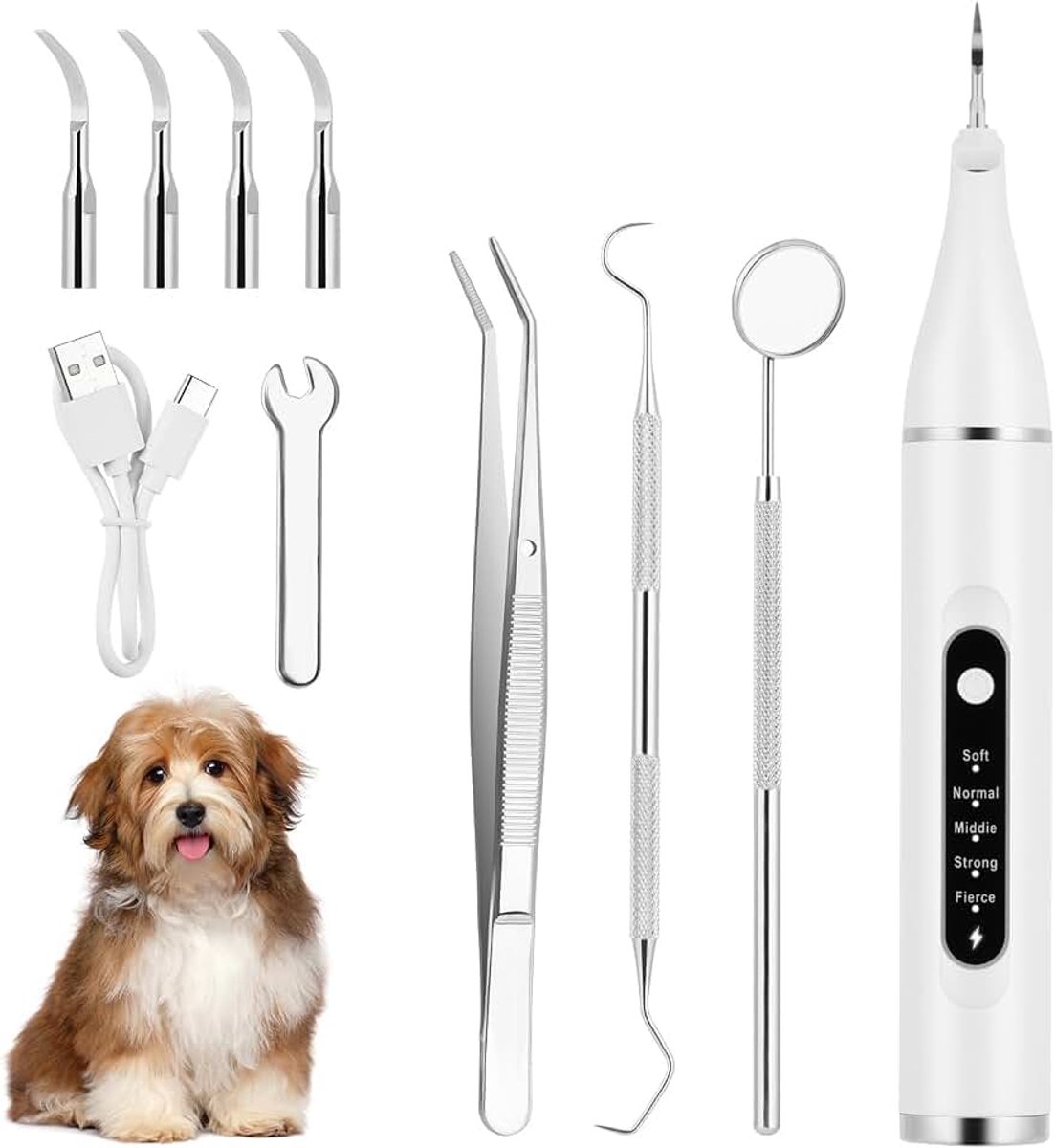 Elektrische Hond Plaque Remover 10 Stks Huisdier Tandheelkundige Scaler met 5 Reinigingsmodi 4 Reinigingskoppen en LED USB Oplaadbare Tandheelkundige Care Kit