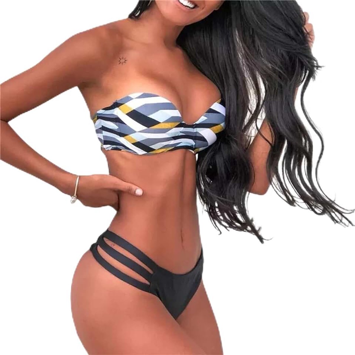 Badpak Tweedelige Set Gestreepte BH Top En Zwarte Bottoms Bikini Push Up Bikini's Badmode Dames Pak Biquini