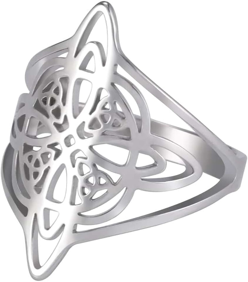 Kkjoy Opengewerkte heksenknoop ring roestvrij staal heidens Wicca-symbool magische knoop 4-puntige Keltische knoop hekserij amulet ringen voor vrouwen meisjes