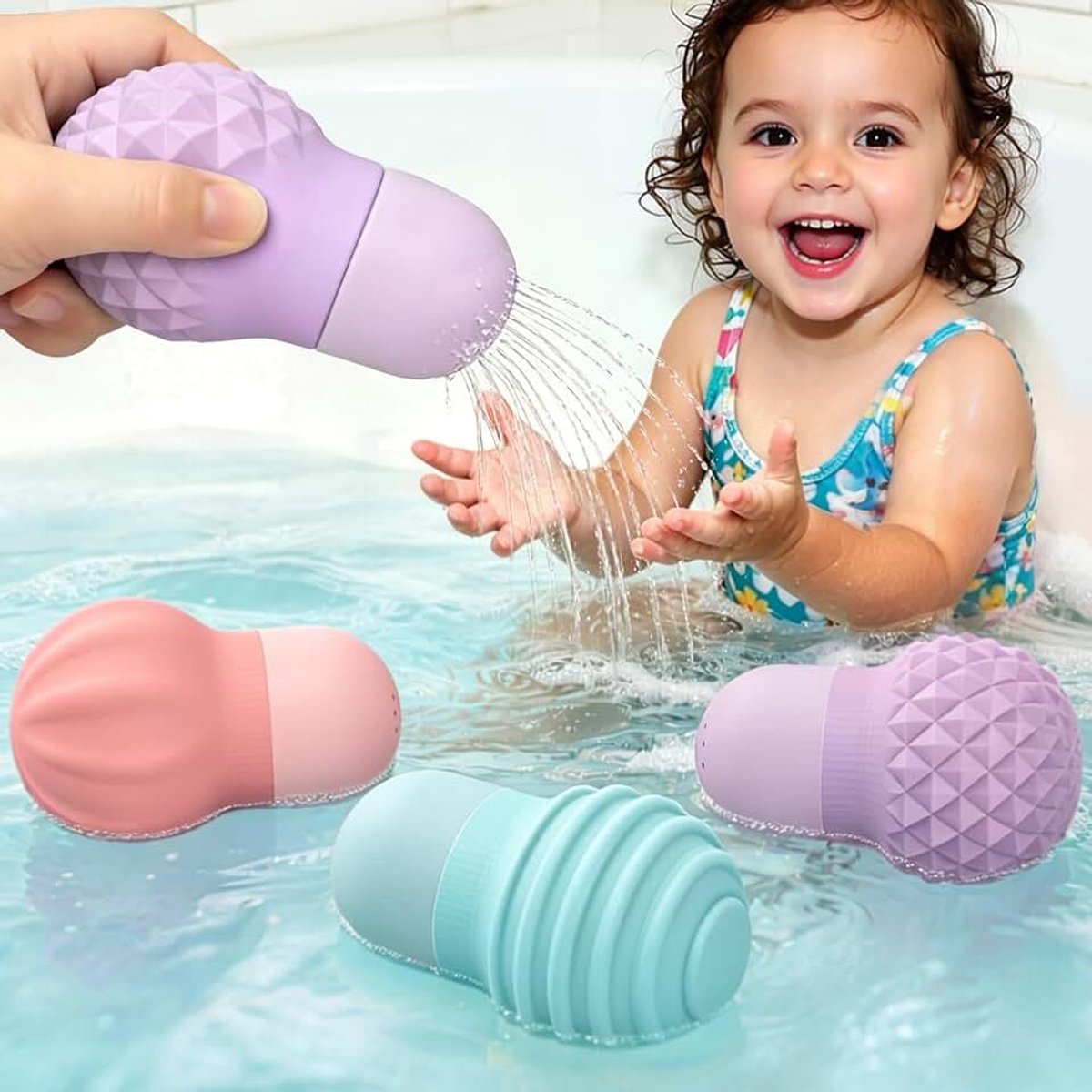 Badspeelgoed met druk, soft-touch-textuur, spukt water met 19 gaten, ideaal voor kinderen van 1-3 jaar, anti-stress voor badkuip/zwembad (paars/roze/blauw)