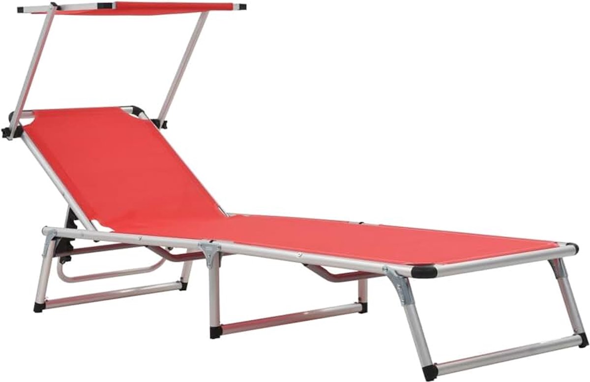 Zonneligstoel, inklapbaar met zonwering, aluminium en textileen, rood, ligstoel, ligstoel, campingligstoel voor tuin, strand, zwembad, camping, balkon, 44334