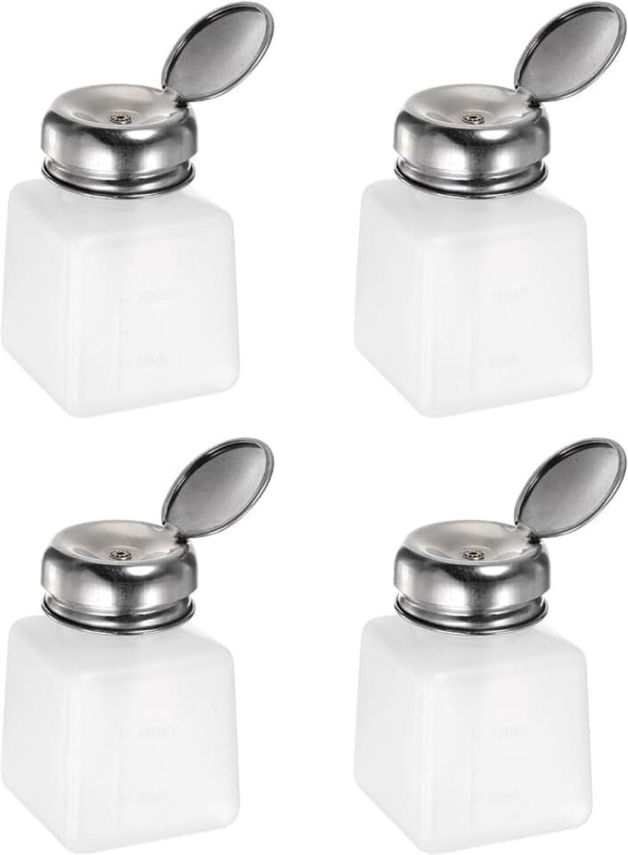 Drukalcoholdispenser, vloeistofpers, lege flessen, herbruikbare container voor aceton, reiniger, nagellakverwijderaar, 4 stuks, 100 ml, wit