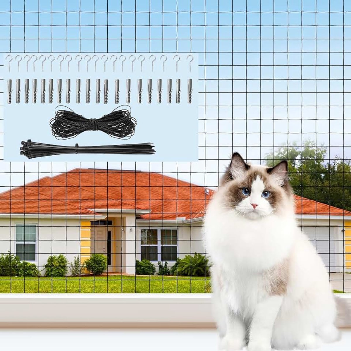 Kattennet voor balkon, 6 x 3 m, kattenrooster, raam, zonder boren, balkonnet, kattenbescherming voor het beveiligen van balkon, ramen, hekken