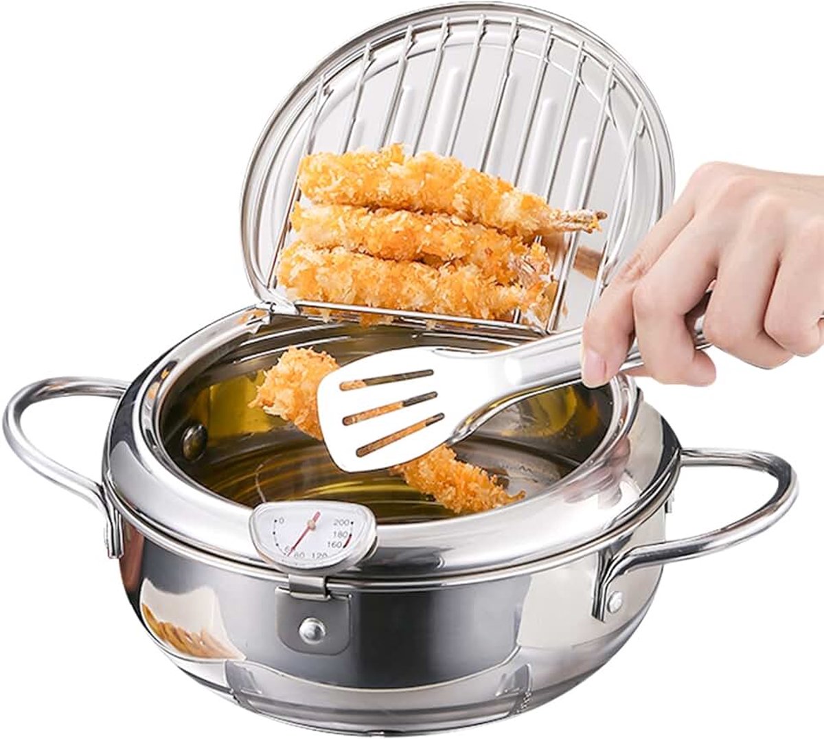 Friteuse Pan, Friteuse Frituurpan Japanse stijl Mini roestvrijstalen Tempura-friteuse met thermometer deksel en oliedruppel afdruiprek voor keuken Frieten, vis en knapperig vlees(L 24cm/9.45'')